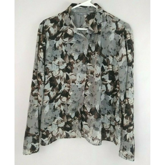 Apt 9 Petite Gray, Brown, & Black Floral Button Up Sheer Silky Blouse Size PL - Picture 1 of 6